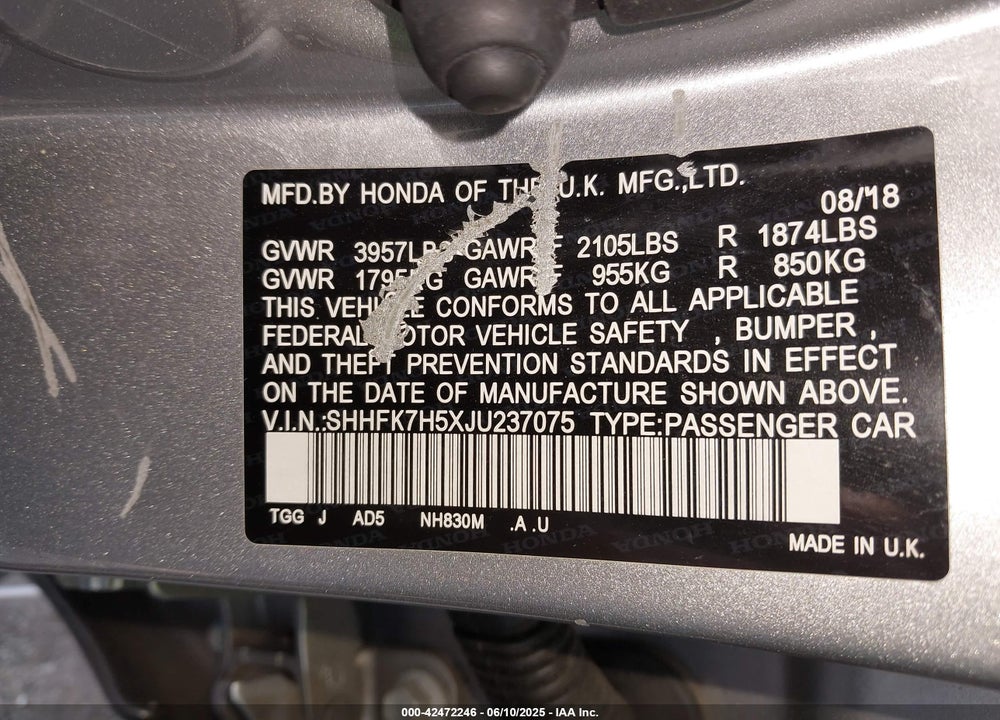 2018 HONDA CIVIC VIN: SHHFK7H5XJU237075