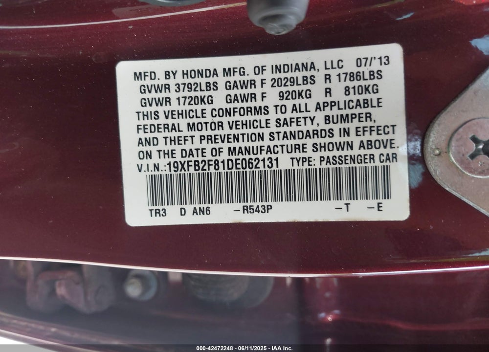 2013 HONDA CIVIC EX VIN: 19XFB2F81DE062131