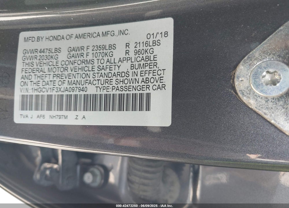 2018 HONDA ACCORD VIN: 1HGCV1F3XJA097940