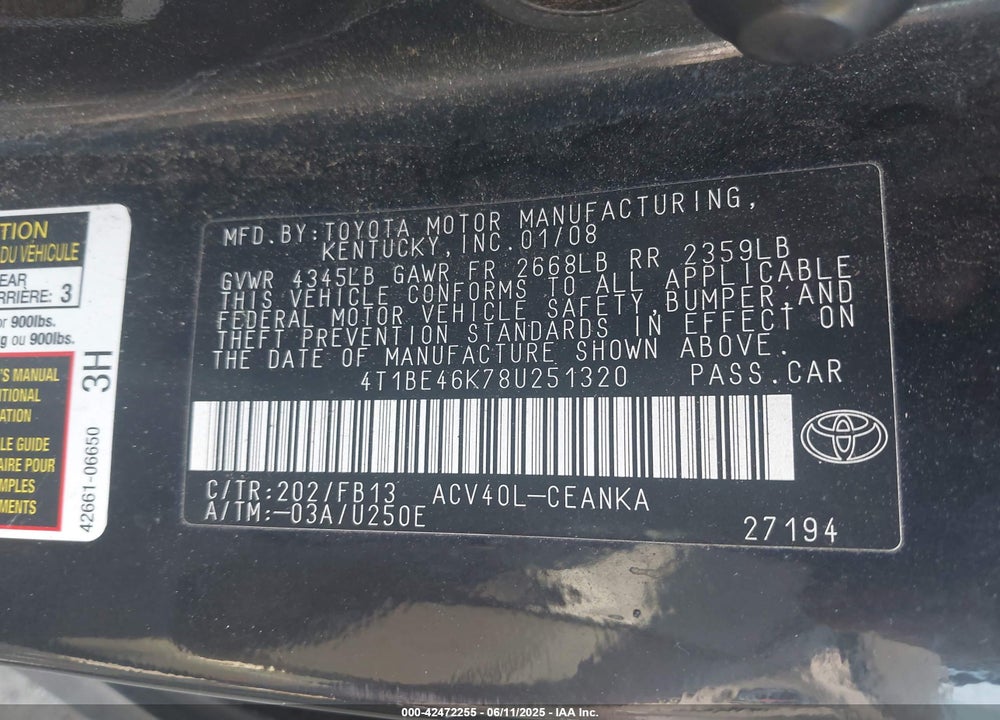 2008 TOYOTA CAMRY VIN: 4T1BE46K78U251320