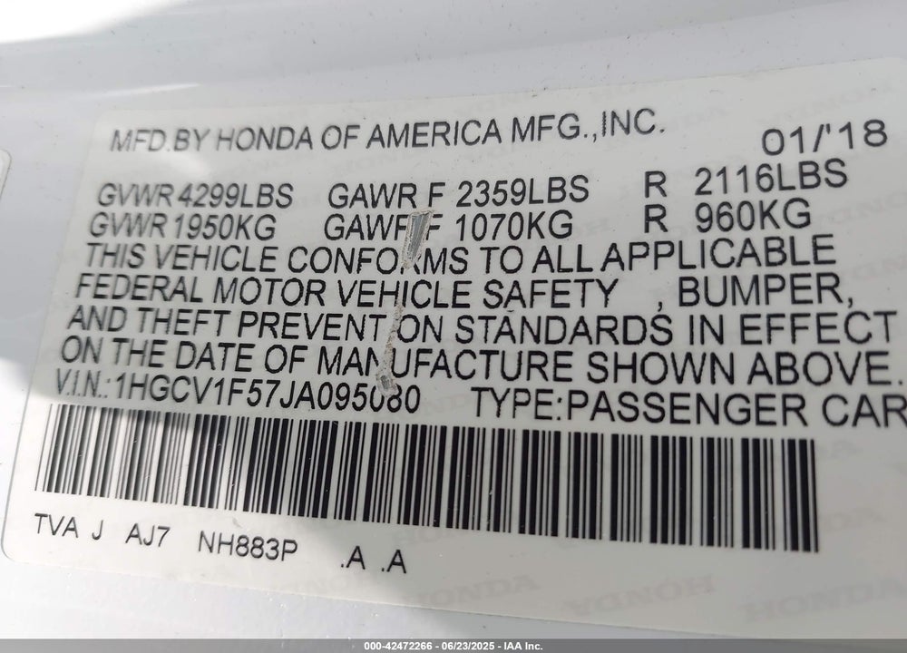 2018 HONDA ACCORD VIN: 1HGCV1F57JA095080