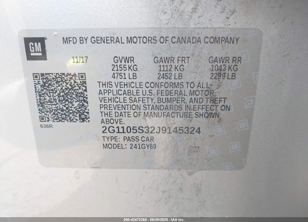 2018 CHEVROLET IMPALA 1LT VIN: 2G1105S32J9145324