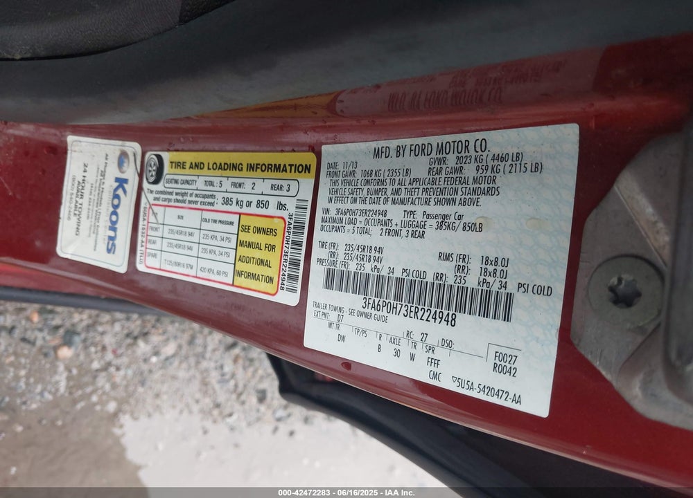 2014 FORD FUSION VIN: 3FA6P0H73ER224948