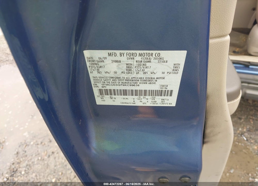 2009 FORD ESCAPE VIN: 1FMCU03G79KC99638