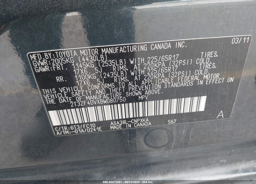 2011 TOYOTA RAV4 VIN: 2T3ZF4DVXBW080750