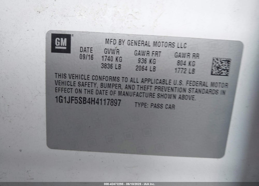 2017 CHEVROLET SONIC PREMIER AUTO VIN: 1G1JF5SB4H4117897
