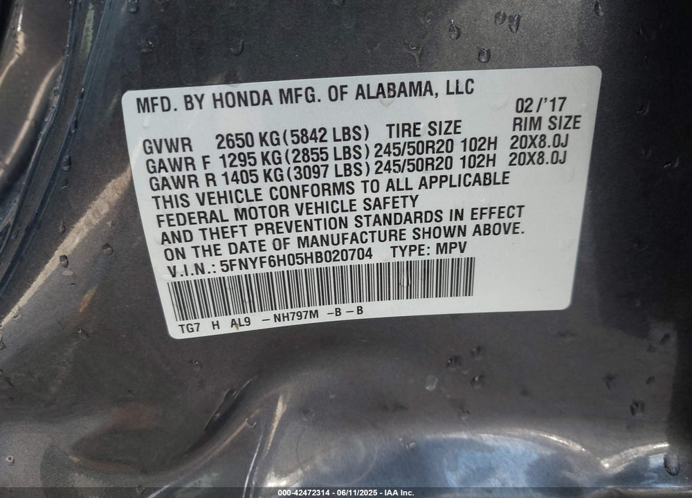 2017 HONDA PILOT VIN: 5FNYF6H05HB020704