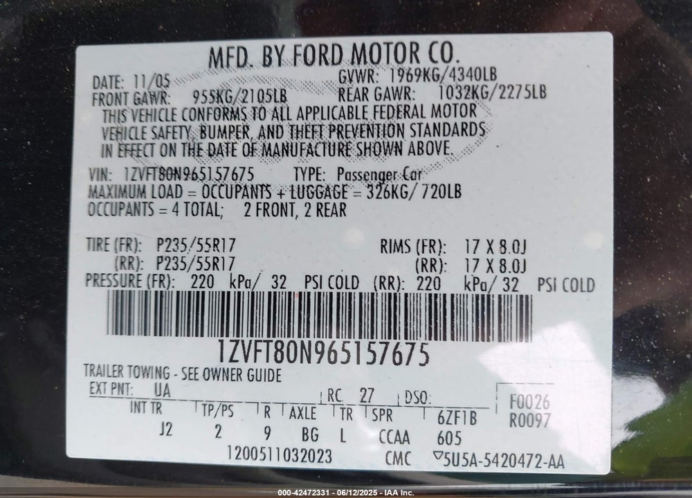 2006 FORD MUSTANG V6 VIN: 1ZVFT80N965157675
