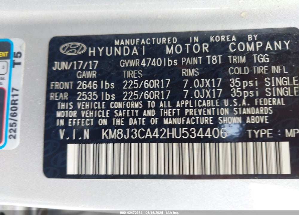 2017 HYUNDAI TUCSON VIN: KM8J3CA42HU534406