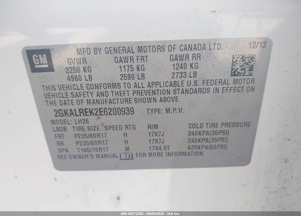 2014 GMC TERRAIN SLE-2 VIN: 2GKALREK2E6200939