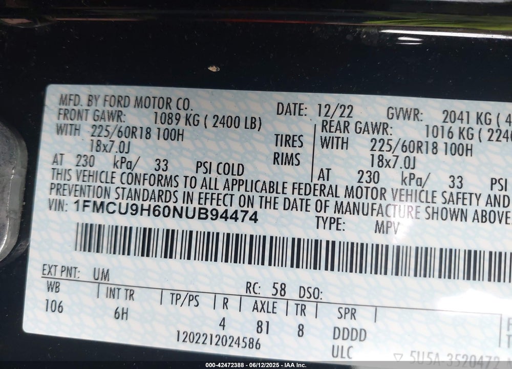 2022 FORD ESCAPE VIN: 1FMCU9H60NUB94474