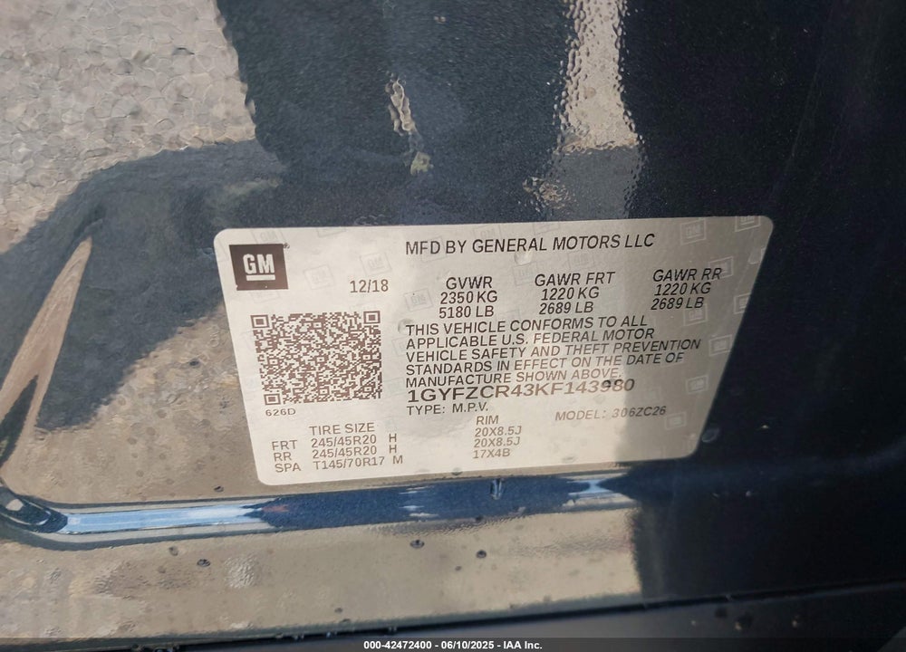2019 CADILLAC XT4 VIN: 1GYFZCR43KF143980