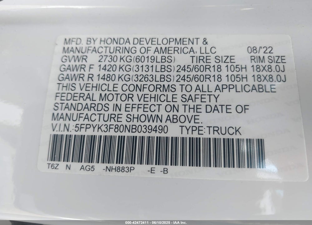 2022 HONDA RIDGELINE BLACK EDITION VIN: 5FPYK3F80NB039490
