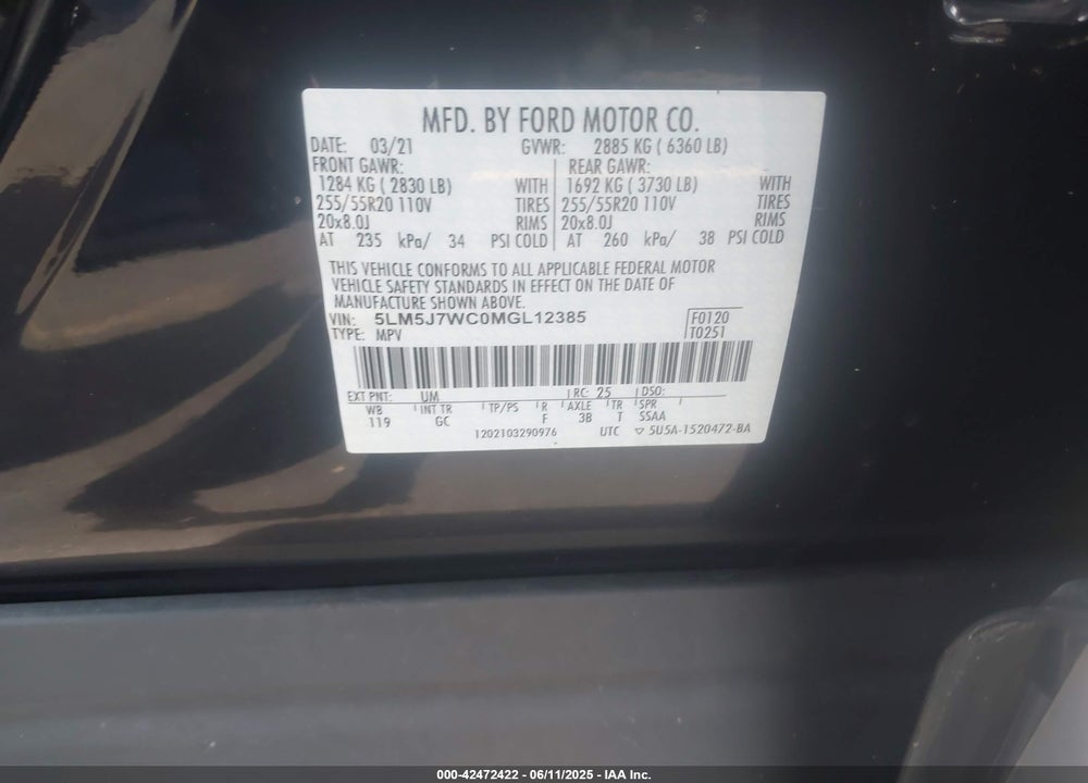 2021 LINCOLN AVIATOR RESERVE VIN: 5LM5J7WC0MGL12385