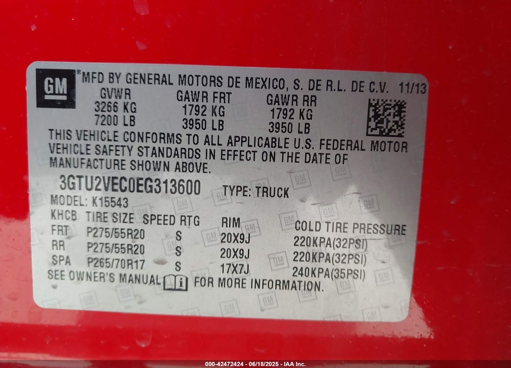 2014 GMC SIERRA 1500 VIN: 3GTU2VEC0EG313600