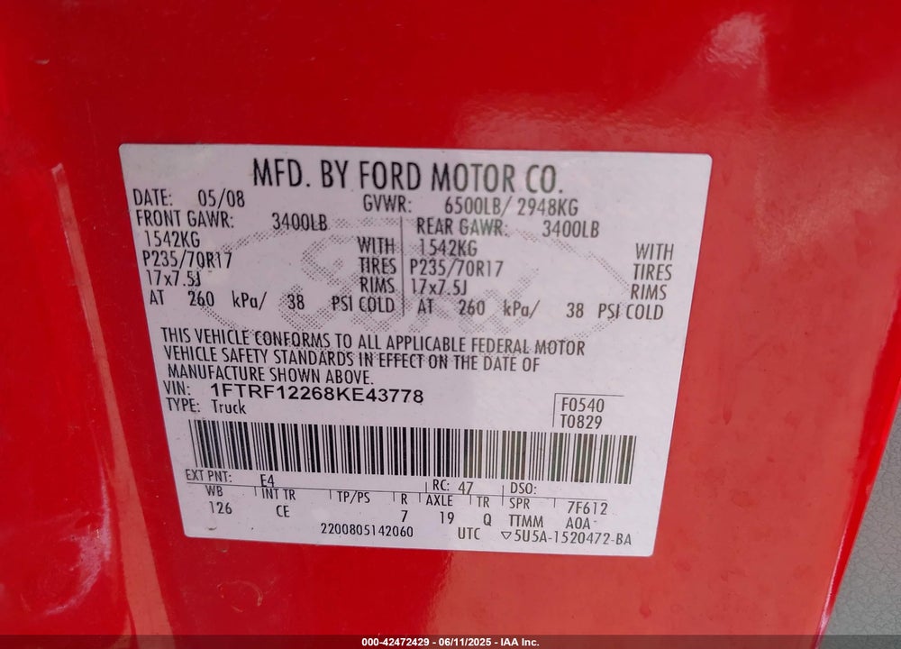 2008 FORD F-150 VIN: 1FTRF12268KE43778