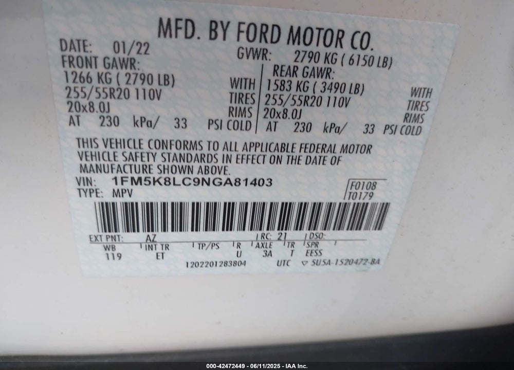 2022 FORD EXPLORER KING RANCH VIN: 1FM5K8LC9NGA81403
