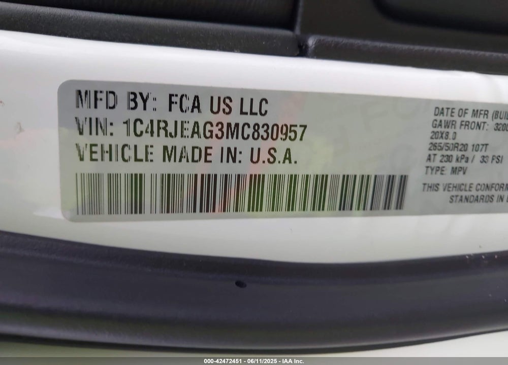 2021 JEEP GRAND CHEROKEE VIN: 1C4RJEAG3MC830957