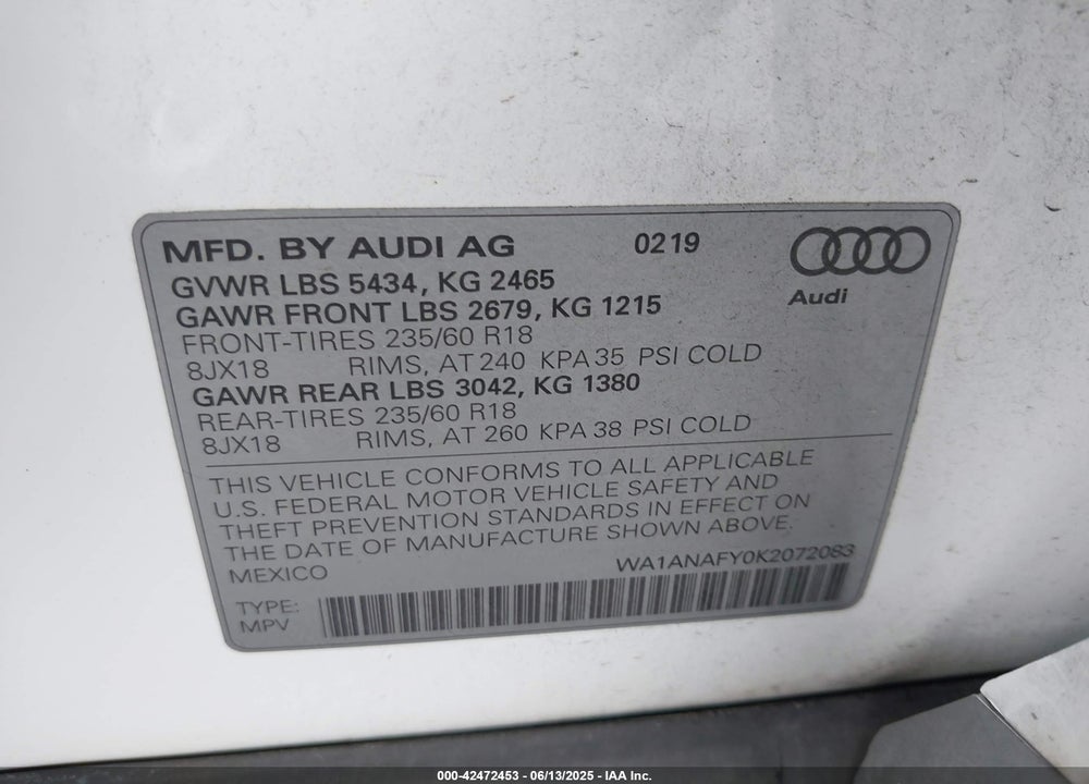 2019 AUDI Q5 VIN: WA1ANAFY0K2072083