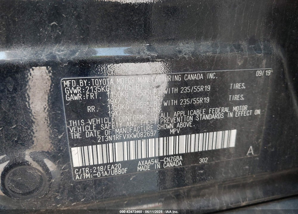 2019 TOYOTA RAV4 VIN: 2T3N1RFVXKW082697