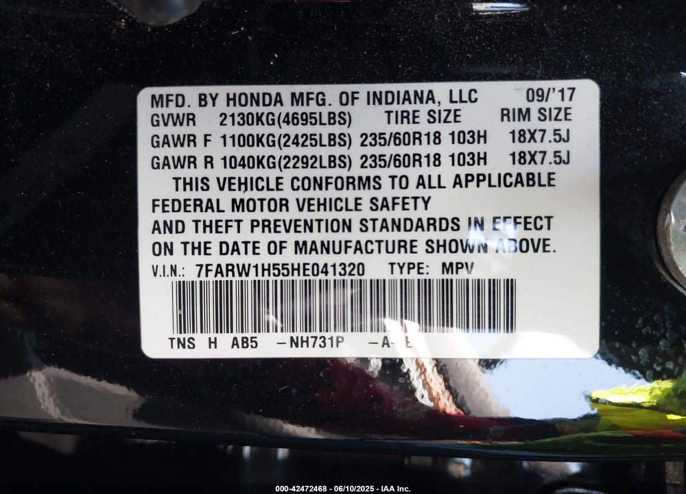 2017 HONDA CR-V VIN: 7FARW1H55HE041320