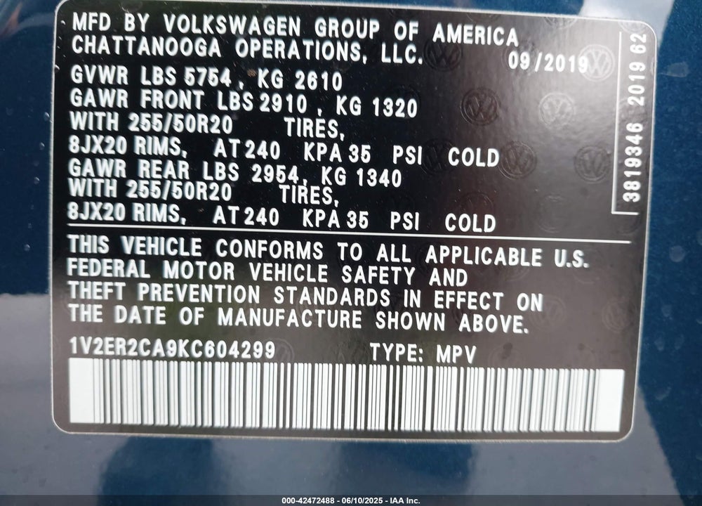 2019 VOLKSWAGEN ATLAS VIN: 1V2ER2CA9KC604299
