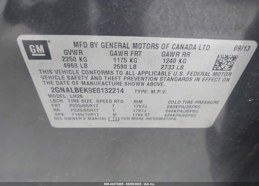 2014 CHEVROLET EQUINOX VIN: 2GNALBEK9E6132214