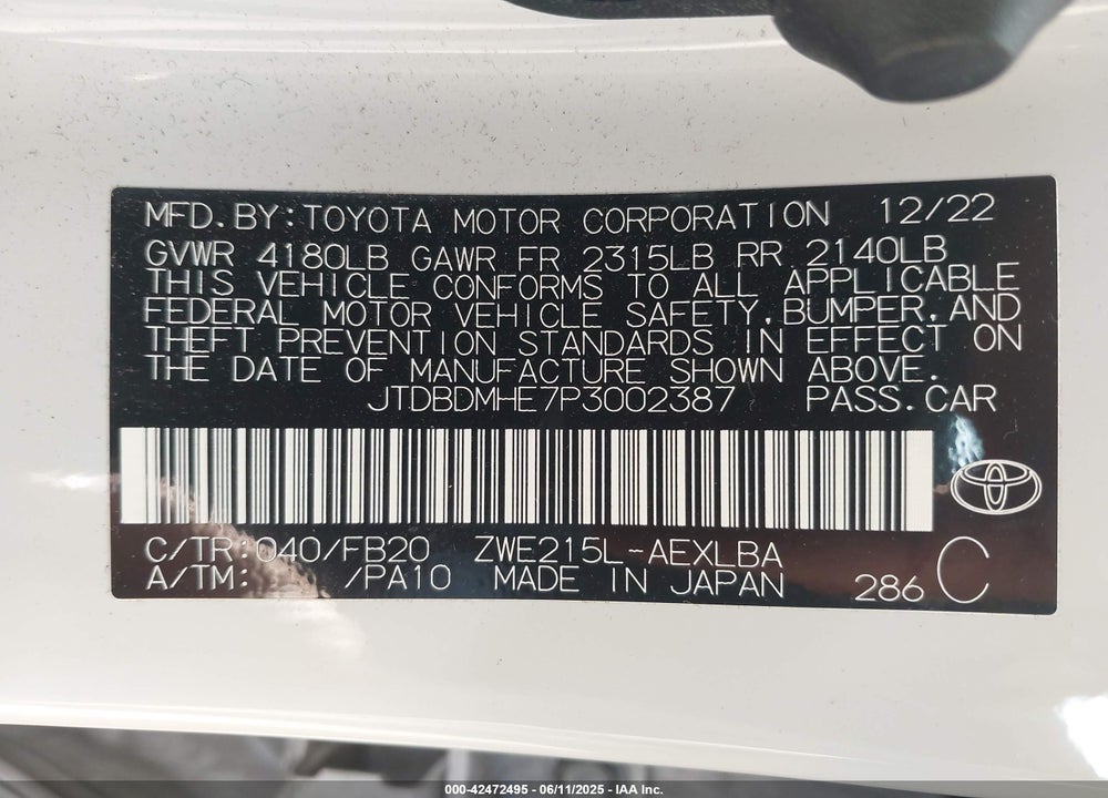 2023 TOYOTA COROLLA VIN: JTDBDMHE7P3002387