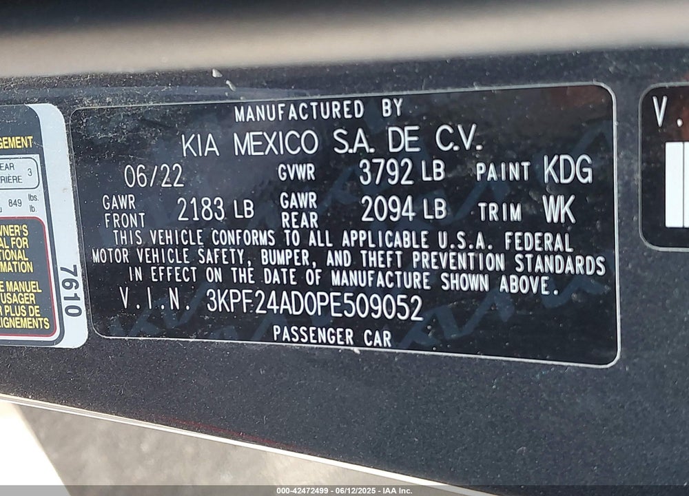 2023 KIA FORTE LXS VIN: 3KPF24AD0PE509052