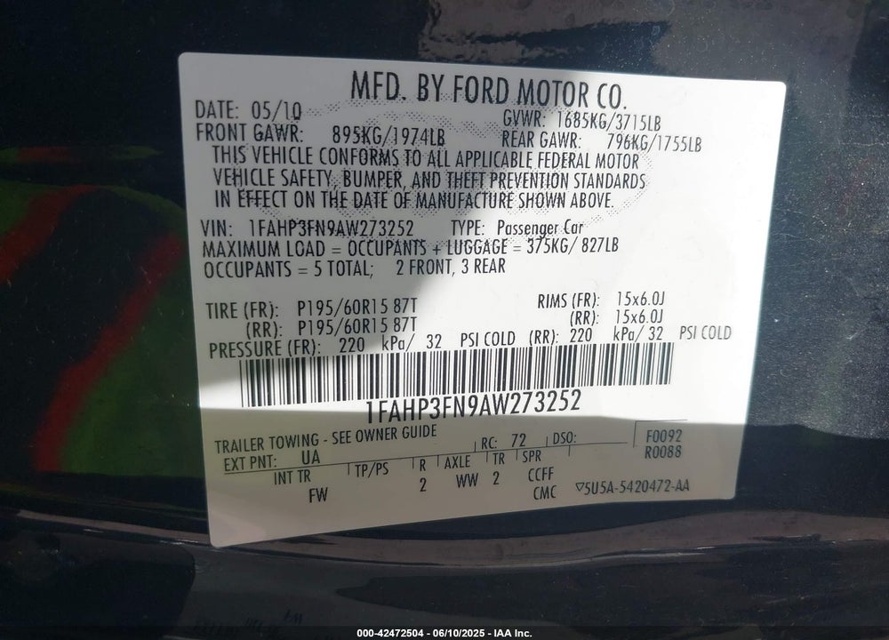 2010 FORD FOCUS SE VIN: 1FAHP3FN9AW273252