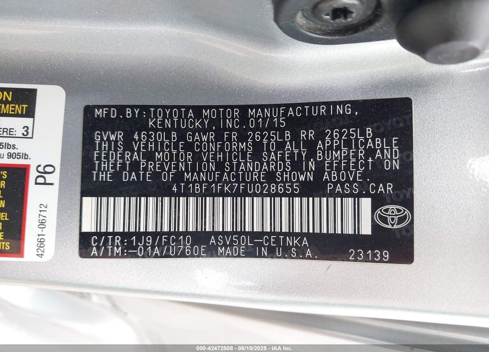 2015 TOYOTA CAMRY VIN: 4T1BF1FK7FU028655