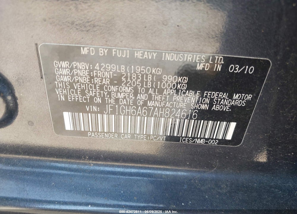 2010 SUBARU IMPREZA 2.5I VIN: JF1GH6A67AH824616