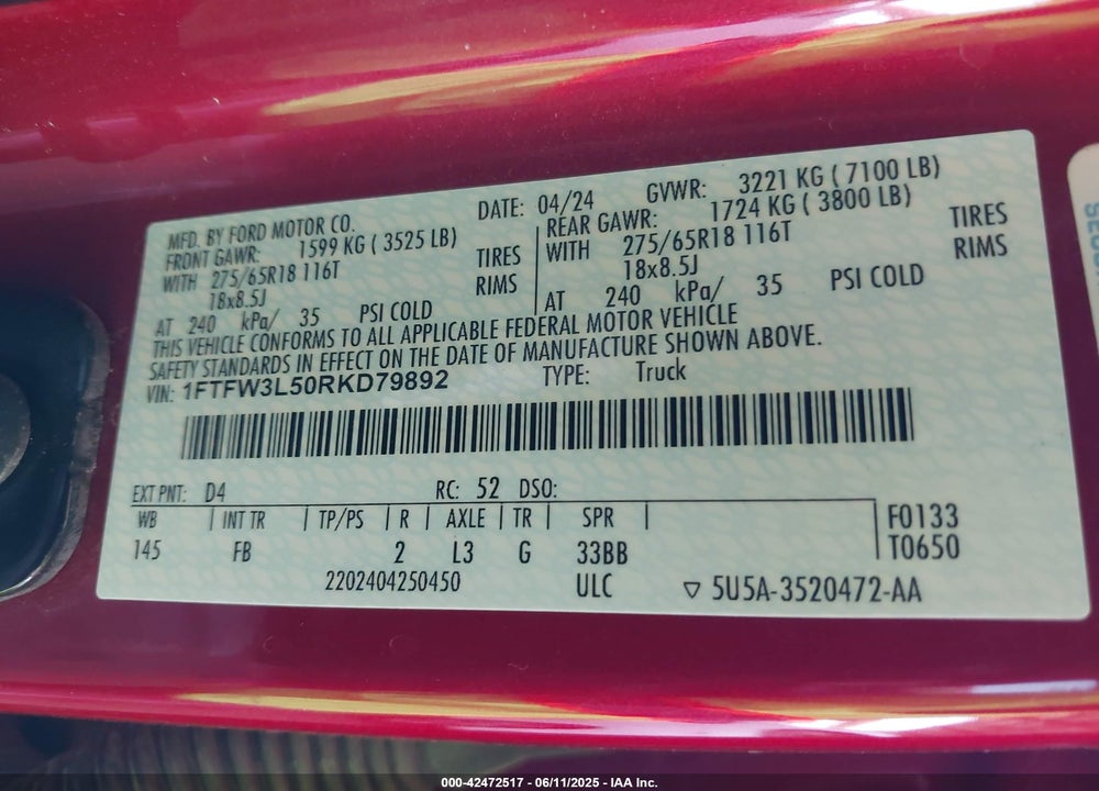 2024 FORD F-150 VIN: 1FTFW3L50RKD79892