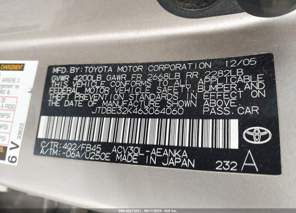 2006 TOYOTA CAMRY VIN: JTDBE32K463064060