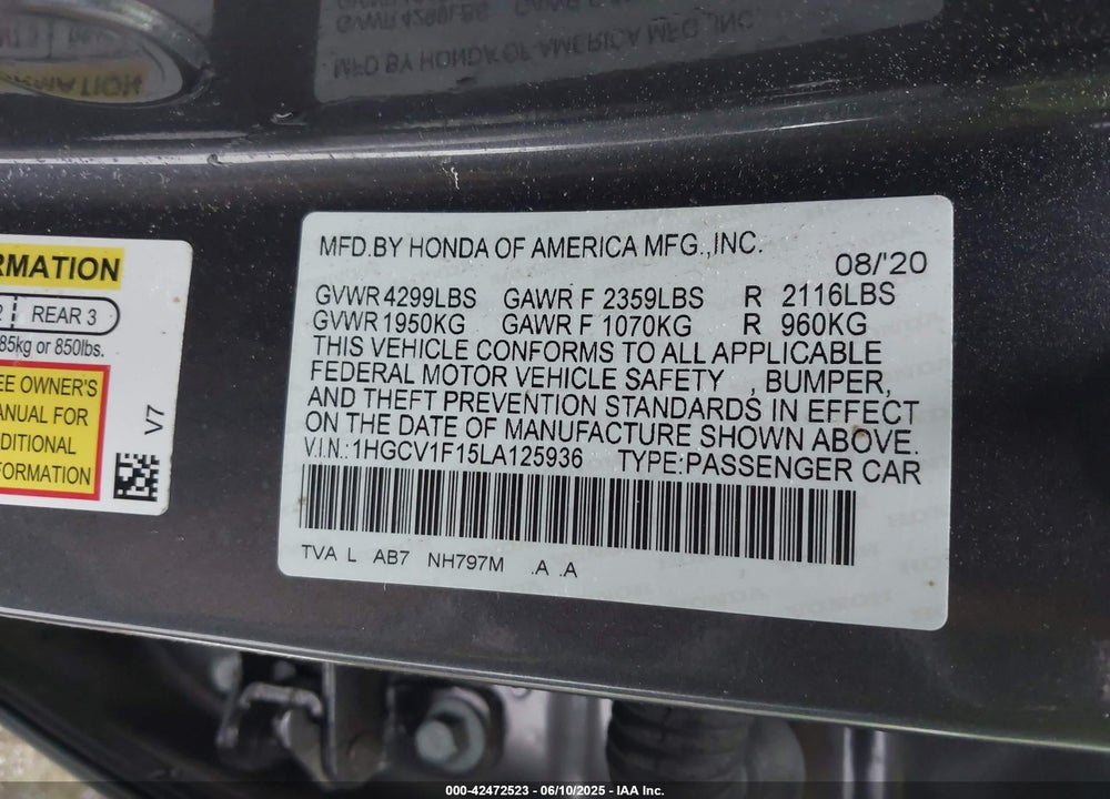 2020 HONDA ACCORD VIN: 1HGCV1F15LA125936