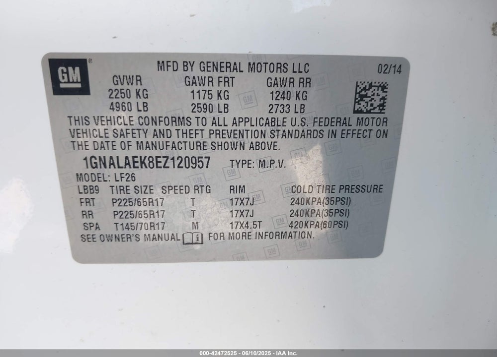 2014 CHEVROLET EQUINOX LS VIN: 1GNALAEK8EZ120957