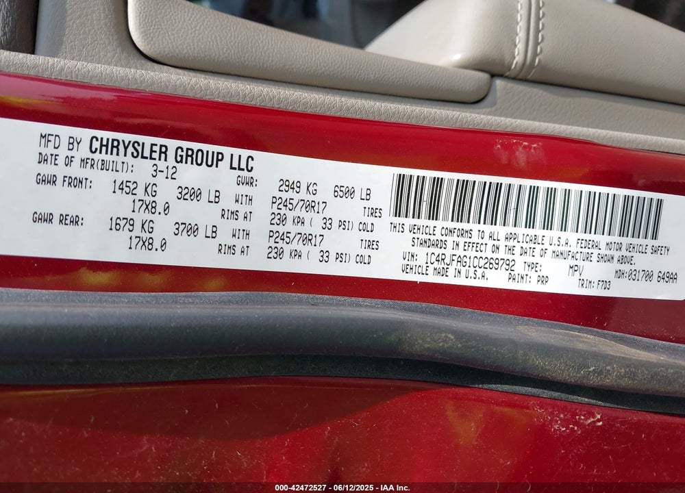 2012 JEEP GRAND CHEROKEE VIN: 1C4RJFAG1CC269792
