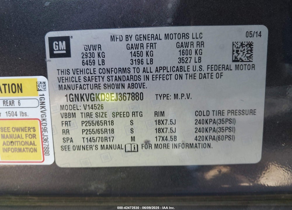 2014 CHEVROLET TRAVERSE VIN: 1GNKVGKD9EJ367880
