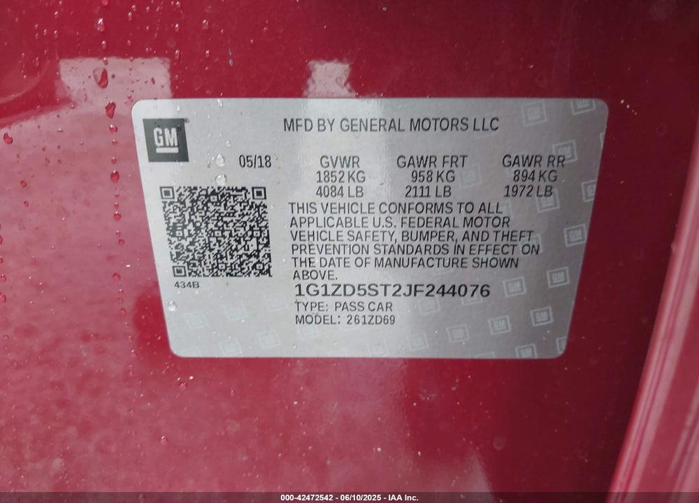 2018 CHEVROLET MALIBU VIN: 1G1ZD5ST2JF244076