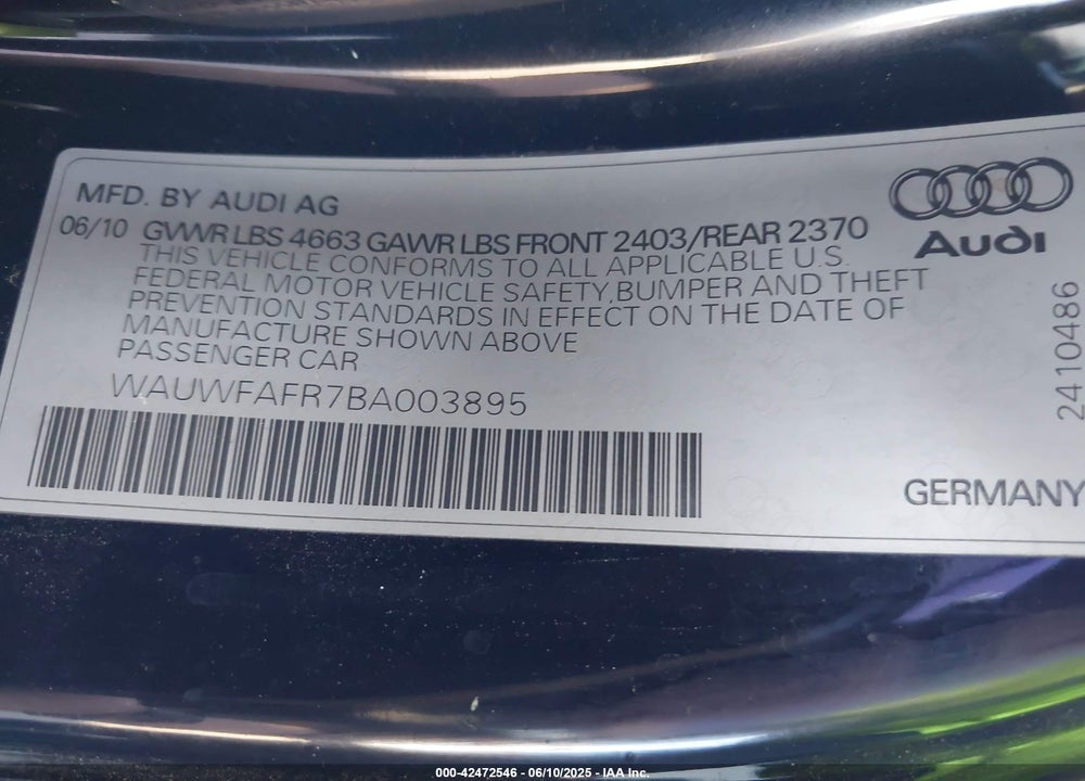 2011 AUDI A5 2.0T PREMIUM VIN: WAUWFAFR7BA003895