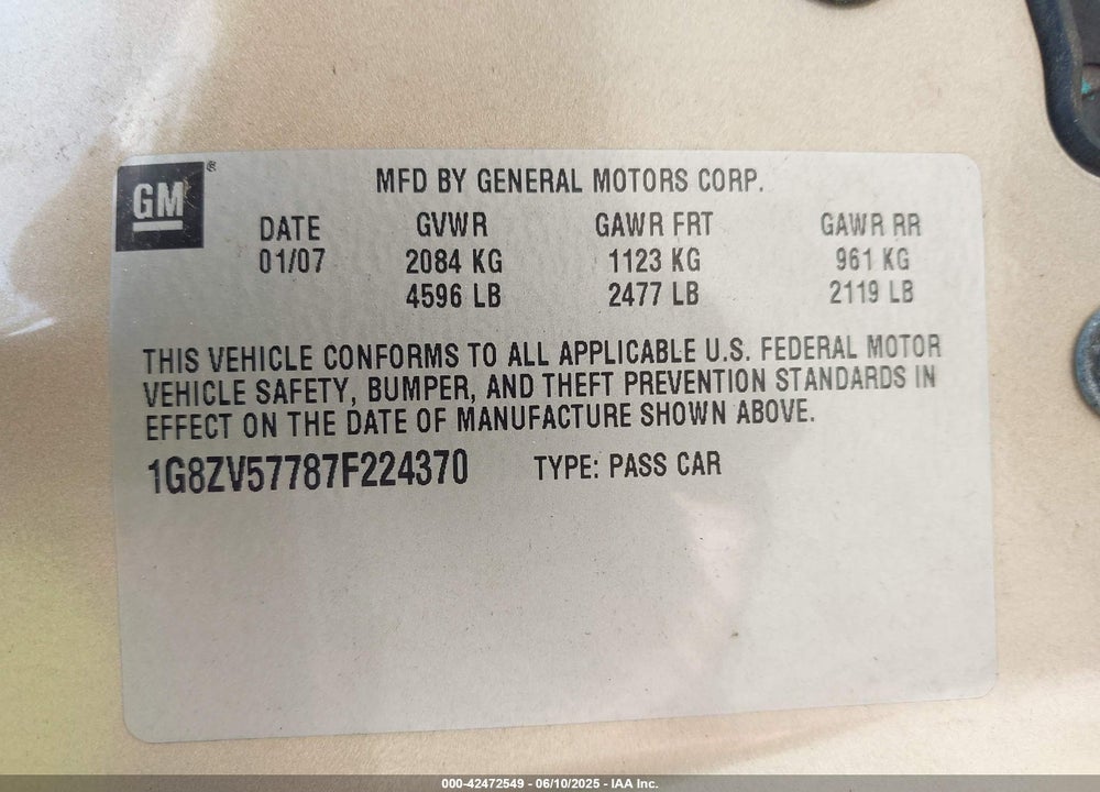 2007 SATURN AURA VIN: 1G8ZV57787F224370