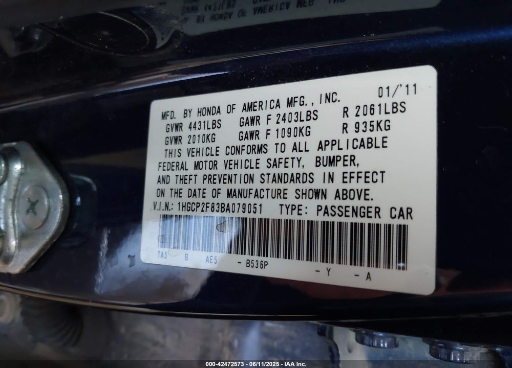 2011 HONDA ACCORD 2.4 EX-L VIN: 1HGCP2F83BA079051