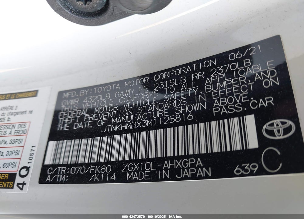 2021 TOYOTA C-HR VIN: JTNKHMBX3M1125816