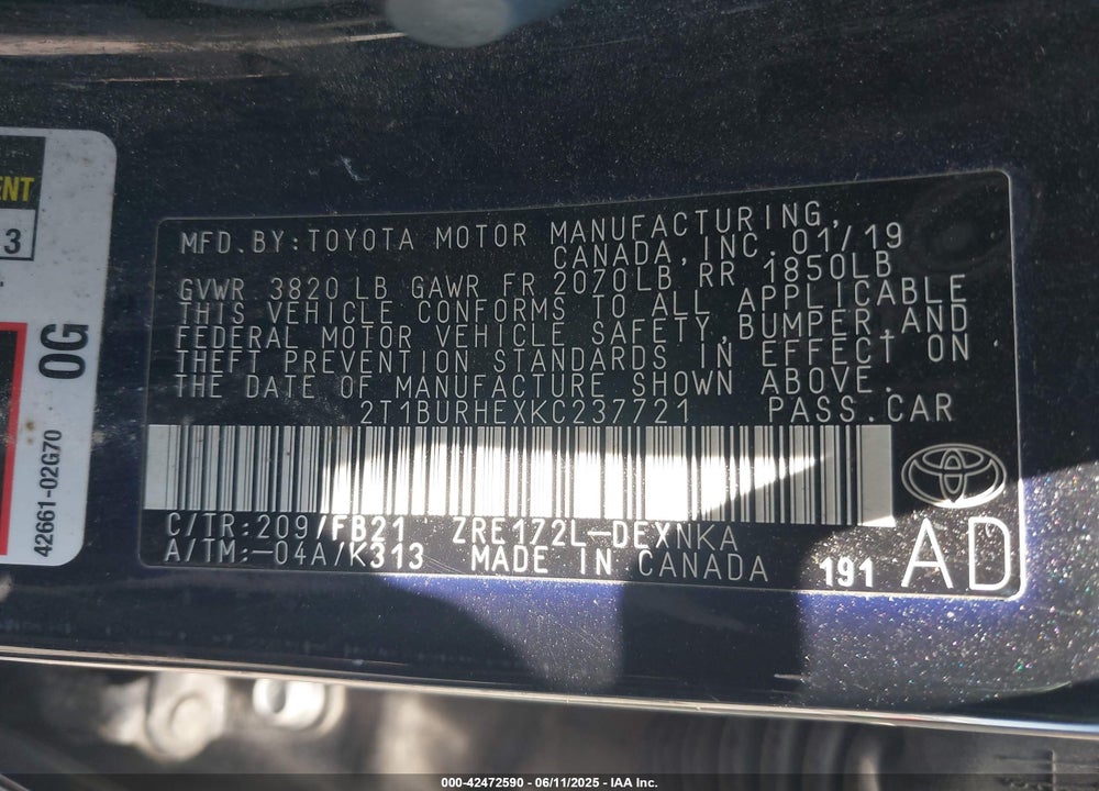 2019 TOYOTA COROLLA VIN: 2T1BURHEXKC237721