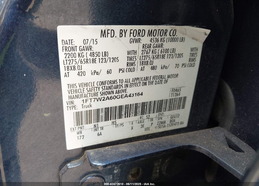 2016 FORD F-250 LARIAT VIN: 1FT7W2A60GEA43164