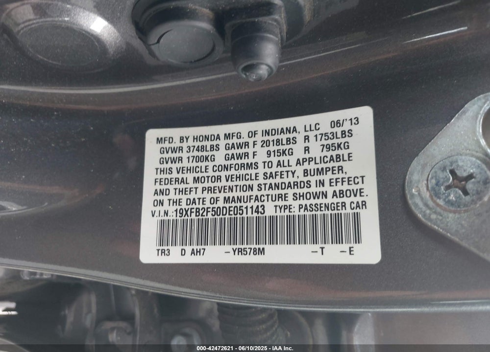 2013 HONDA CIVIC VIN: 19XFB2F50DE051143