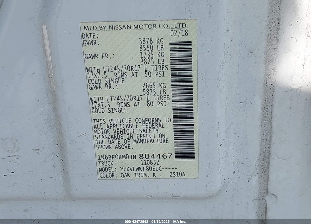 2018 NISSAN NV CARGO NV1500 S V6 VIN: 1N6BF0KM0JN804467