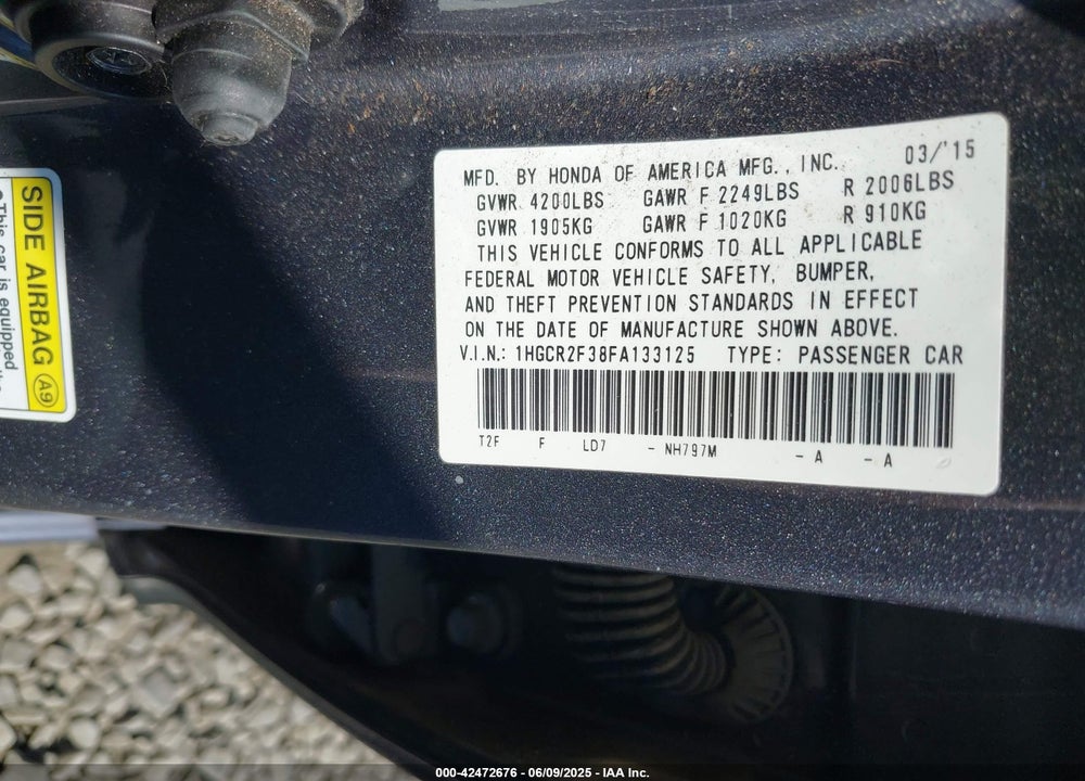 2015 HONDA ACCORD VIN: 1HGCR2F38FA133125