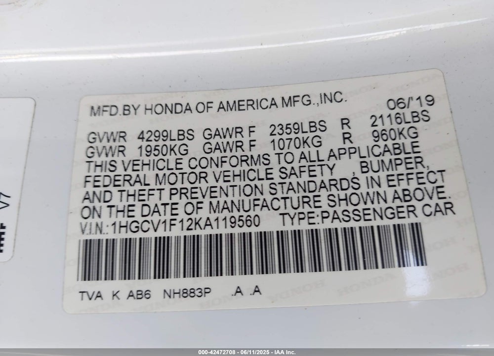 2019 HONDA ACCORD LX VIN: 1HGCV1F12KA119560