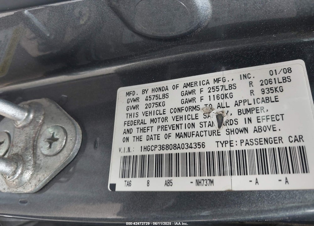 2008 HONDA ACCORD VIN: 1HGCP36808A034356